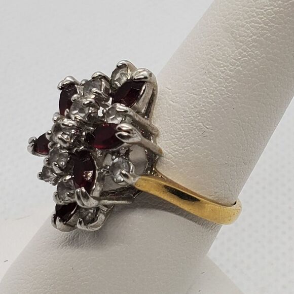 Vintage Gold Tone & Silver Tone Red & Clear Rhinestone Ring (8) - Picture 3 of 6